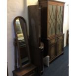 A Mahogany corner cabinet, together with a full length mirror with drawer and a reproduction display