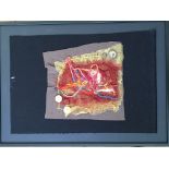 Four framed textile works depicting abstract compositions, all 33.5cm x 46.4cm.