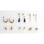 A collection of six pairs of stud earrings, two being stone set, (6).