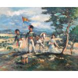 MICHAEL D’AGUILAR. Framed, signed oil on board, three children playing on hillside, titled ‘Jeux Des
