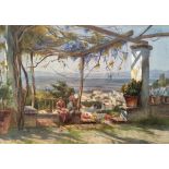 PETE DIXON. Framed, glazed and signed watercolour on paper, hilltop view of Spanish town with two