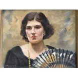 RUTH BURT-SMITH. Framed, signed oil on canvas, portrait of female with fan, 38.5cm x 49cm.