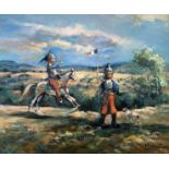 MICHAEL D’AGUILAR. Framed, oil on board, two children with dog playing, titled ‘Les Petits Soldats’,