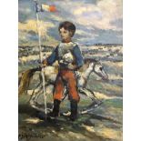MICHAEL D’AGUILAR. Framed, signed oil on board, boy dressed as soldier holding French flag, 39cm x