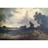 FRANZ HOEPFNER. Framed, signed oil on canvas, figures following wagon in rural landscape, dated