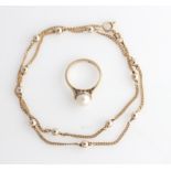 A sphere design chain, stamped 375, and a hallmarked 9ct yellow gold pearl ring, ring size I½, (2).