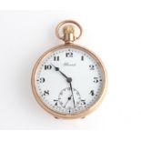 A 9ct yellow gold cased Record open face crown wind pocket watch, the white enamel dial having