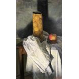 GEORGE WEISSBORT. Framed, signed oil on board, still life of fruit jar and apple, 52.5cm x 32cm.