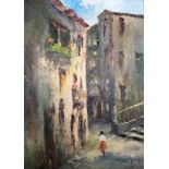 ROM MENDEI. Framed, signed oil on board depicting Mediterranean street scene, 44cm x 31cm.