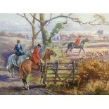 G. HAMMOND. Framed, glazed and unsigned oil on board, hunting scene titled ‘Setting Out’, 15cm x