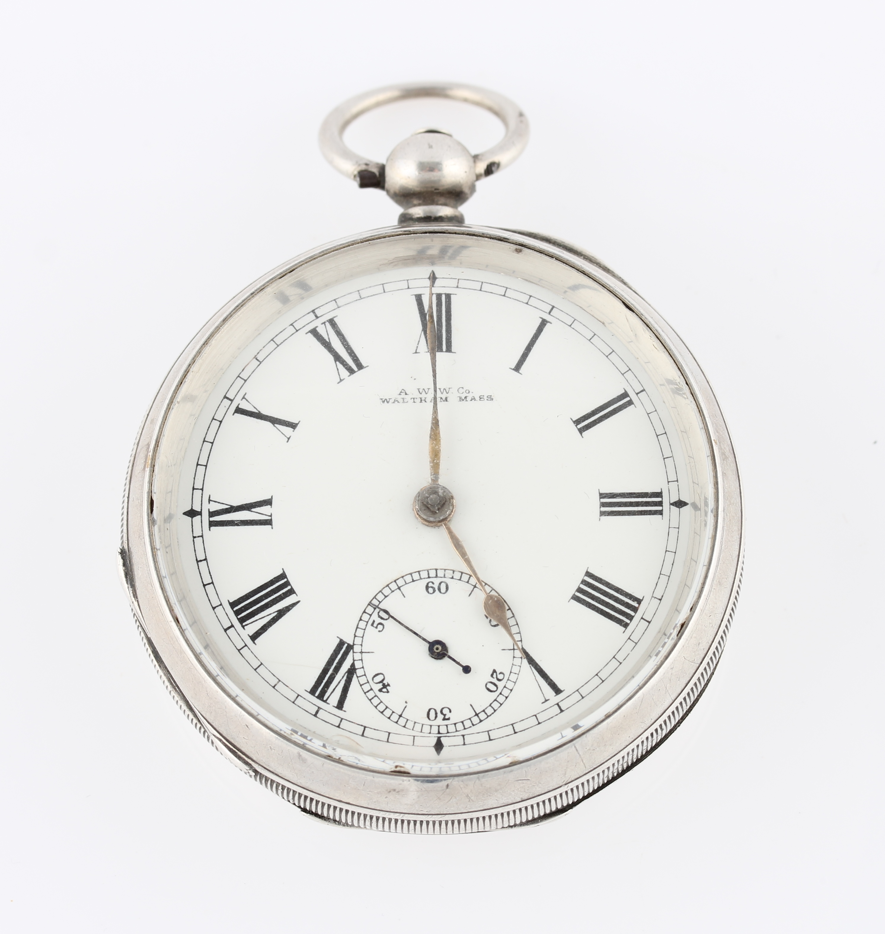 A Victorian silver Waltham key wind open face pocket watch, the white enamel dial having hourly