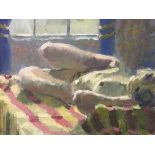 ROY PETTITT. Framed, signed in pencil oil on board, reclining nude, 21.5cm x 31cm.