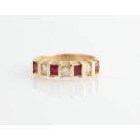 A ruby and diamond seven stone ring, bar set alternately with four square cut rubies and three round