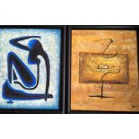 Two black framed abstract art pictures, signed in right hand corner, 59x49cm.