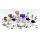 A collection of hallmarked silverware, to include a matched pair of Georgian salts, hallmark rubbed,