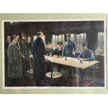 Two framed prints depicting the signing of the armistice and Afternoon Tea in a ruined farmstead