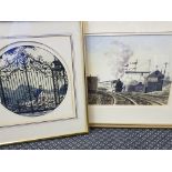 Steam train water colour, Southern Railway Alan Thwaite, and Ettore Tito lovers by a park gate,