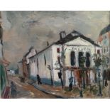 JAQUES LEFATS. Framed, glazed and signed oil on board, street scene, titled ‘Theatre D’Ateker’, 13cm