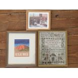 A framed Victorian sampler together with a framed, glazed Uluru textile and a small framed print