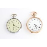 A gold plated pocket watch and a chrome pocket watch, both open face and crown wind, (2).