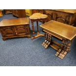 A reproduction oak television stand, fitted two drawers, reproduction oak next of three tables on