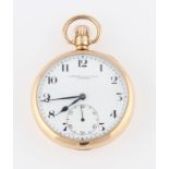 A 9ct yellow gold cased Sanders & Company crown wind open face pocket watch, the white enamel dial