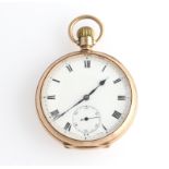 A 9ct yellow gold cased, open face crown wind pocket watch, the white enamel dial having hourly