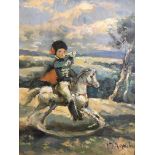 MICHAEL D’AGUILAR. Framed, signed oil on board, boy dressed as soldier on rocking horse, 39cm x 28.