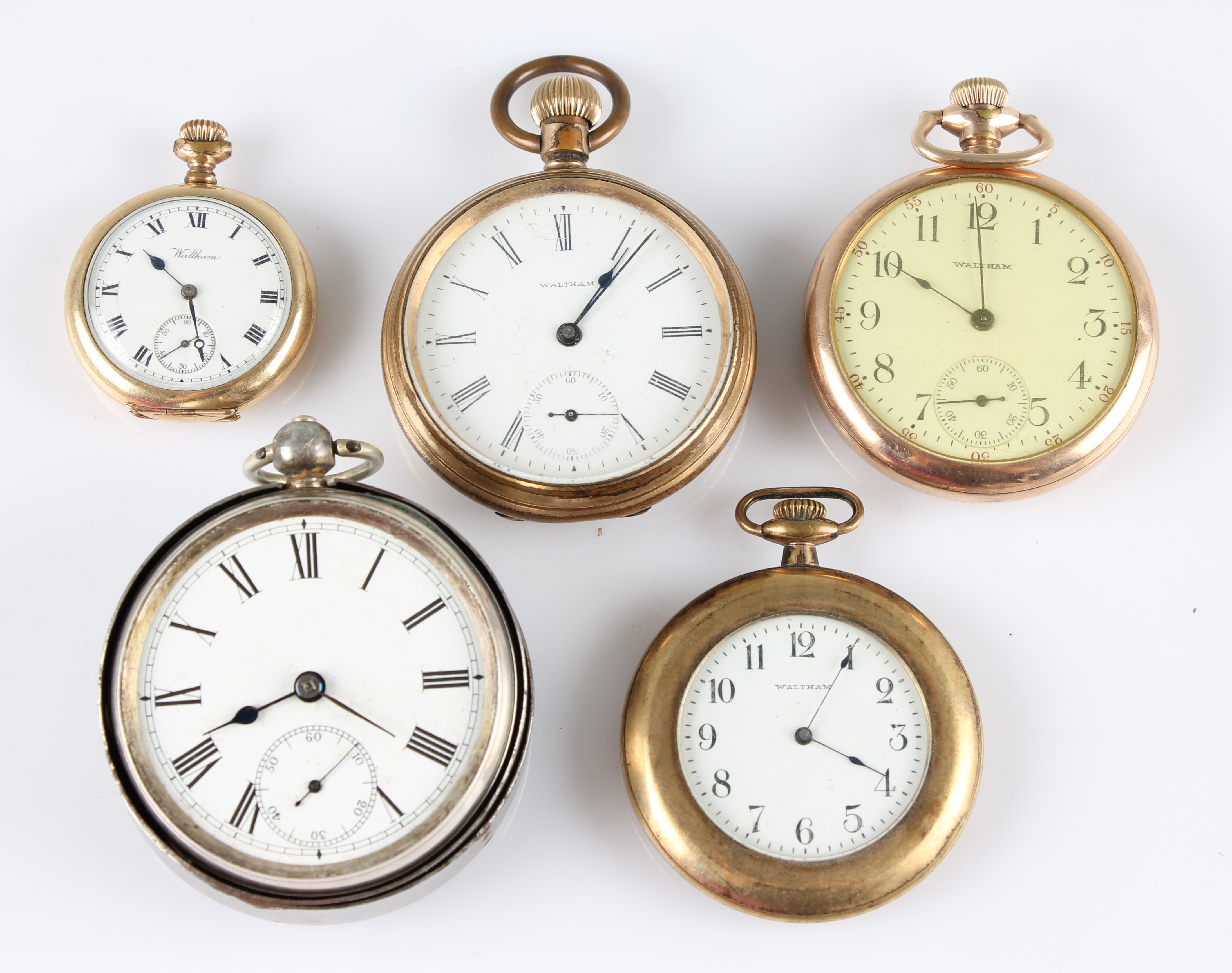 A collection of Waltham pocket watches and one fob watch, one being silver hallmarked Birmingham