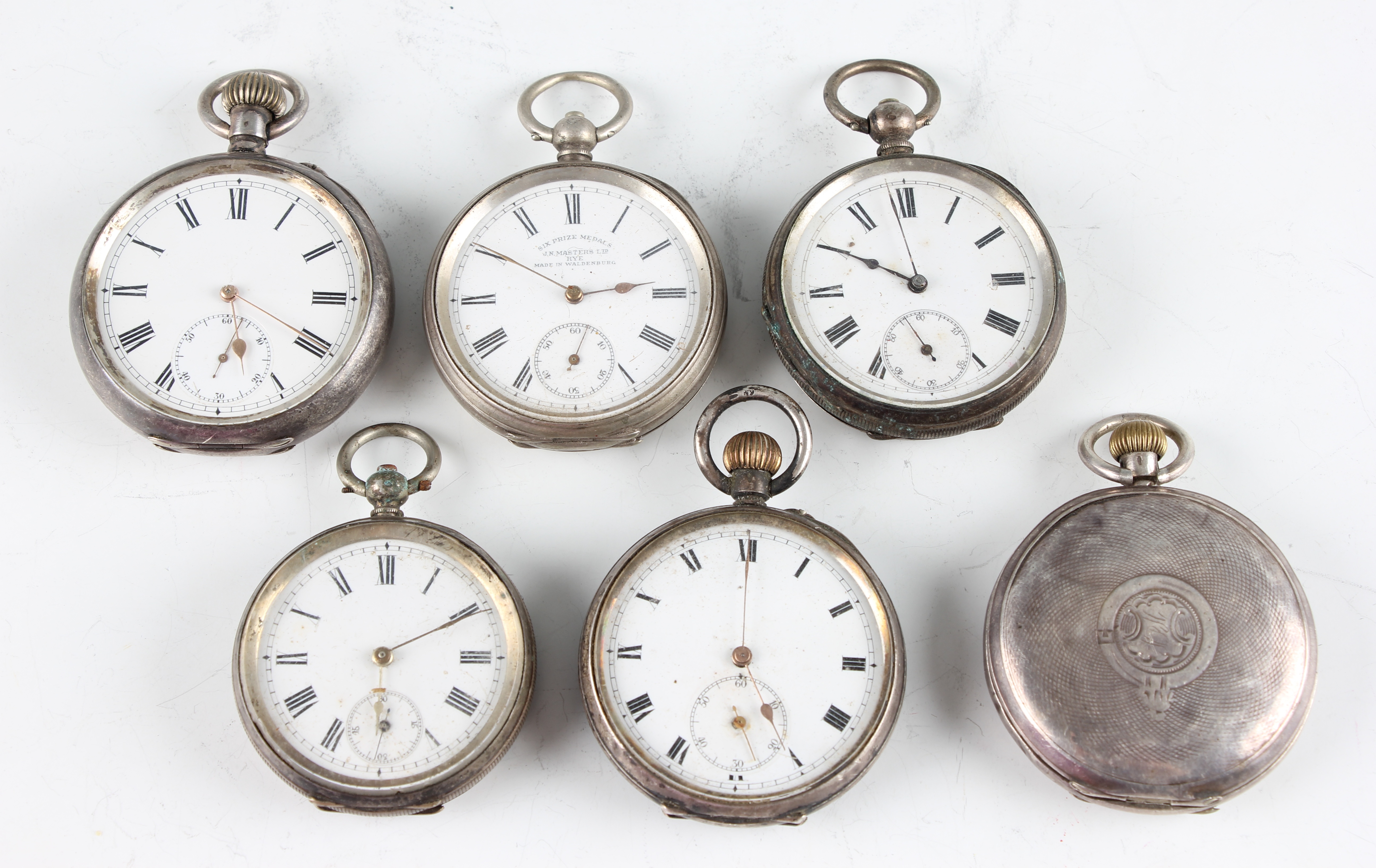 A collection of six Continental pocket watches, three stamped 0.935 and three stamped 0.800, (some