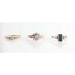 A collection of three rings, to include a diamond solitaire, measuring approx. 0.07ct, stamped