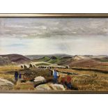 B. HIRST (Irish School). Framed, signed oil on board, figures in a hilly landscape, 49.5cm x 74.