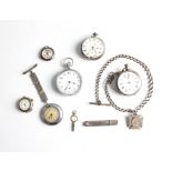 A collection of fob/pocket watches, one hallmarked silver and one stamped 0.935 with attached curb