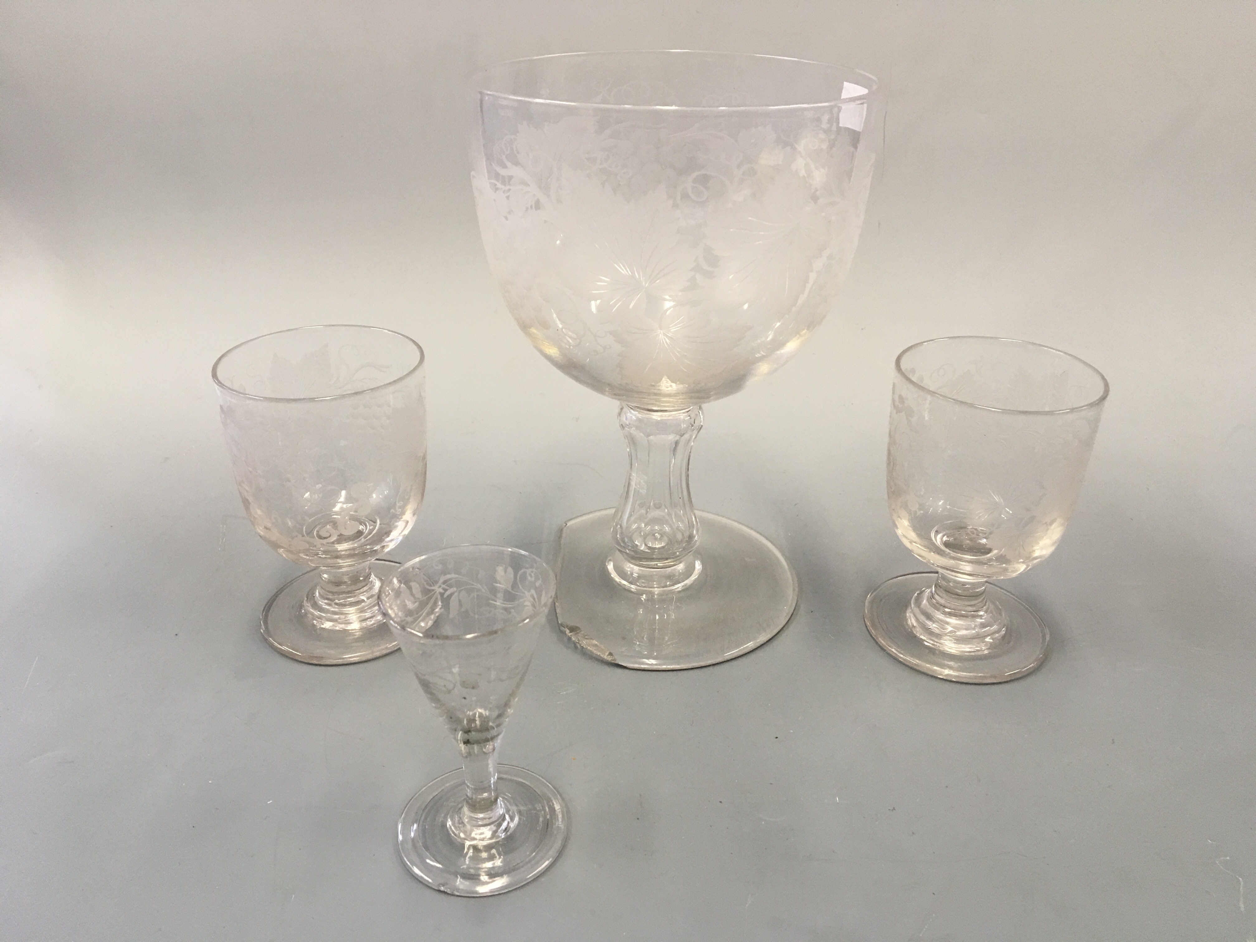 A Henry Whatton glass etched vase dated 1861 (AF), with two similar goblets dated 1859 and a