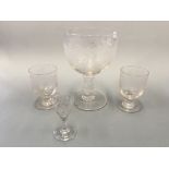 A Henry Whatton glass etched vase dated 1861 (AF), with two similar goblets dated 1859 and a