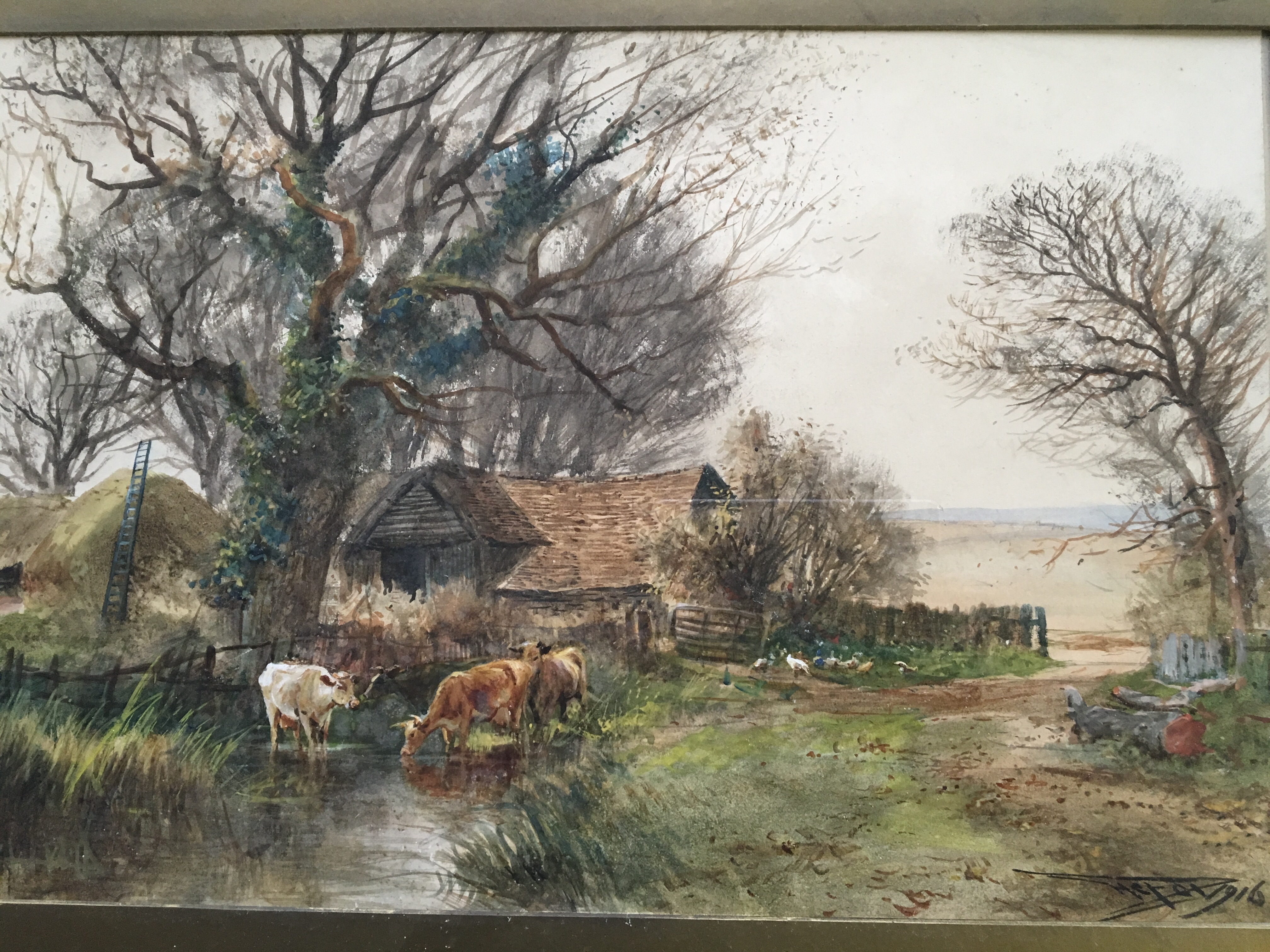 HENRY CHARLES FOX. Framed, glazed and signed watercolour on paper, winter farm scene with cattle,