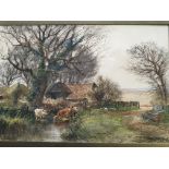 HENRY CHARLES FOX. Framed, glazed and signed watercolour on paper, winter farm scene with cattle,