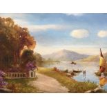 J.H. LEWIS. Two framed, glazed and signed oil on board, Italian garden and lake scenes, both 18cm