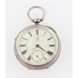 A silver Victorian J. Preston & Co. key wind open face pocket watch, the cream enamel dial having