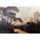 Framed, unglazed, indistinctly signed oil on canvas, woodland river at sunset, 59cm x 90cm.
