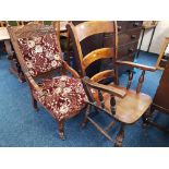 A carved framed Edwardian ladies chair, together with a Windsor kitchen armchair.