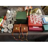 Collection of cut glassware including Brierley crystal cased Carl 255, binoculars, cased Russian bin