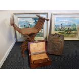 A brass coal scuttle, a mahogany writing slope and a folding x frame chair.
