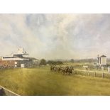 STEPHEN E. MAUDE. Framed, signed acrylic on board, racecourse scene, titled ‘Wetherby Racecourse’