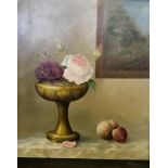 J. R. MARSHALL. Framed, unglazed, signed oil on canvas, still life scene with roses, 39.5cm x 49.