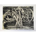 GEORGE HOLT (1924-2005). Two unframed, signed verso contemporary acrylic and mono print on newspaper