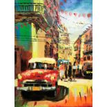 Framed, unglazed, indistinctly signed oil on canvas, Cuban street scene, 54cm x 70cm.