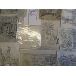 A collection of sketches on paper, most signed with initials ‘WB’, rough studies of street scenes,