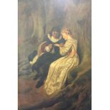 Framed, unglazed oil on canvas depicting lady with gentleman holding an engagement ring, 56.5cm x