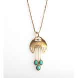 An Arts & Crafts pendant, the hammered open metal work suspending three turquoise cabochons from